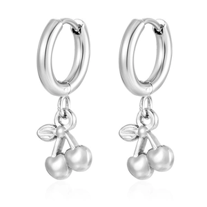 Boucles d'oreilles créoles en acier poli avec pendentifs cerises et feuilles réalistes