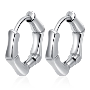 Minimalist silver bamboo-shaped stainless steel hoop earrings with reflective mirror finish