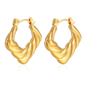 Detailed view of 18K gold plated thick twisted texture hoop earrings with pin closure