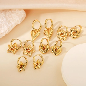 18K Gold Plated Stainless Steel Hoop Earrings For Women Fashion Geometric Heart Star Moon Flower Pendant Dangle Jewelry