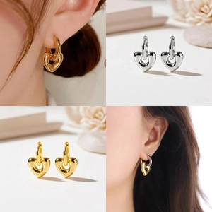 Minimalist 18K gold and silver stainless steel heart drop earrings set for women