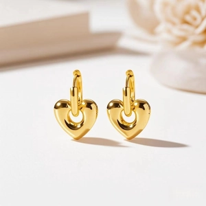 Polished 18K gold plated stainless steel heart charm earrings for women with leverback