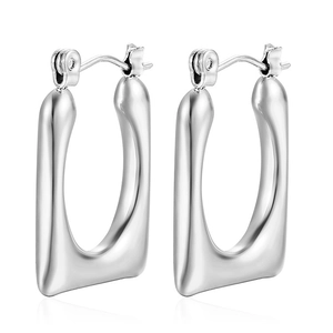 Polished silver rectangular hoop earrings featuring a minimalist glossy mirror metal finish