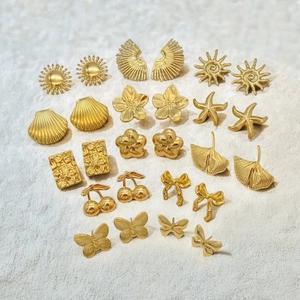Gold Plated Stainless Steel Stud Earrings For Women Vintage Geometric Flower Butterfly Shell Heart Ear Jewelry Accessory