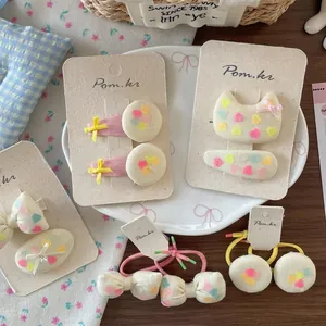 Korean style children's bow hair clips and elastic hair ties set with heart embroidery