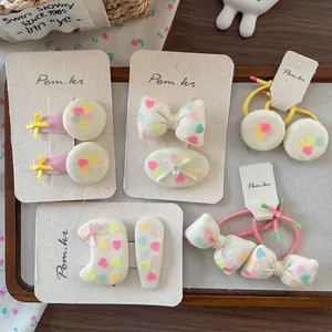 Korean Style Sweet Heart Print Bow Hair Clips And Scrunchies Set Handmade Fabric Floral Hair Accessories For Girls Daily