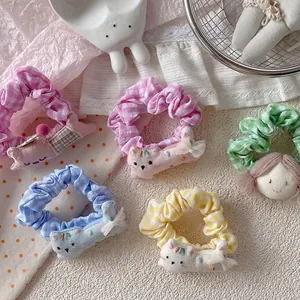 Cute Korean style plaid scrunchies set with cartoon embroidery and pastel summer colors