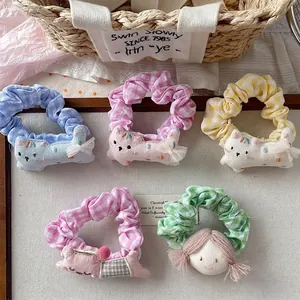 Sweet Gingham Fabric Scrunchies Cartoon Plush Cat Girl Figure Hair Ties High Elastic Korean Pastoral Ponytail Holders For Kids