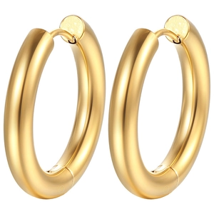 Classic thick gold hoop earrings in polished stainless steel with latch closure