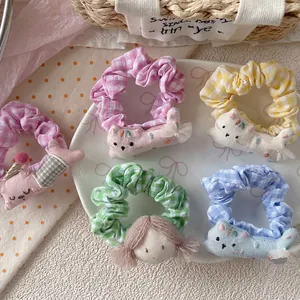 5-piece set of sweet Korean style plaid scrunchies with cute 3D plush cat charms