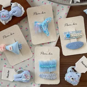 Barrettes Cheveux Enfant Bleu Tissu Nœud Ours Floral Elastiques Fait Main Dentelle Plaid Accessoires Cheveux Filles École