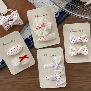 Süßer Koreanischer Stil Rote Punktmuster Schleife Haarclip Set Handgefertigte Stoff Spitze Blumen Haarnadeln Für Kinder Mädchen