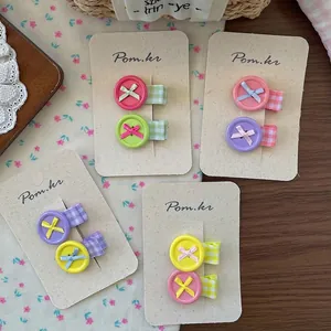 Sweet Korean style colorful button bow hair clips for girls in pastel macaron colors