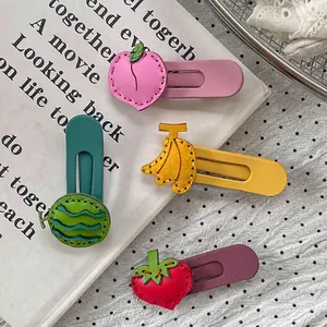 Cute fruit themed leather hair clips set with peach banana watermelon and strawberry shapes