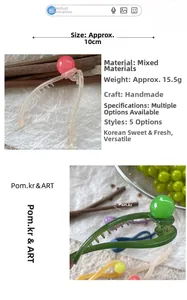 Detail view of 10cm Korean style hair clips with round beads in pink and dark green