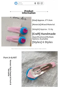 Detail of pink fabric-wrapped hair clips with blue and pink layered buttons
