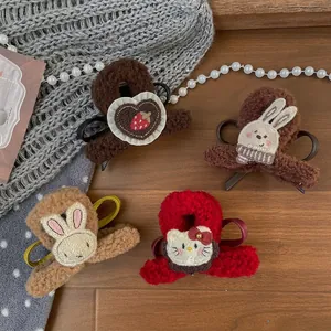 Cute Korean style plush bear hair claws for girls with cartoon bow hair accessories