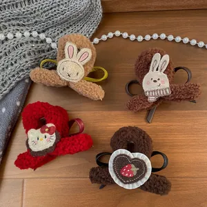 Handmade plush teddy bear cartoon hair claw clips in various brown and red colors