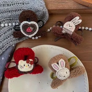 Handmade Plush Fabric Hair Claw Clip Korean Style Cute Cartoon Rabbit Strawberry Bow Hair Accessories For Women Kids