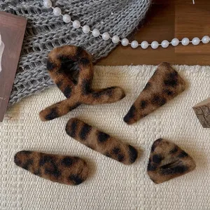 Leopard print plush hair clip set including claw clip and water drop hairpins for girls