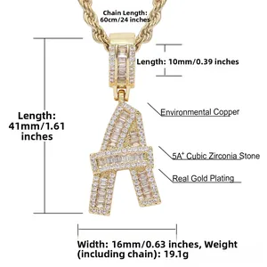Detailed size specifications of the gold iced out square letter A pendant necklace