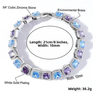 Macro detail of 10mm ice chain bracelet with blue and purple cubic zirconia and rhodium plating