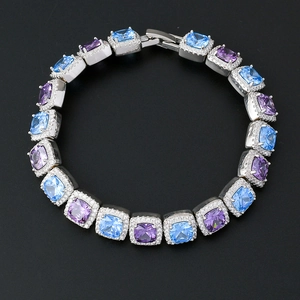 Icy square-cut blue and purple zircon tennis bracelet in 10mm hip hop style