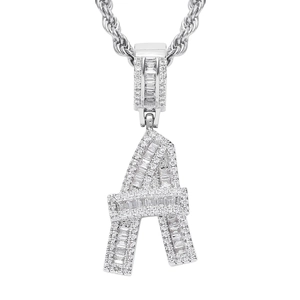 Hip hop silver letter A pendant necklace with pavé cubic zirconia on rope chain