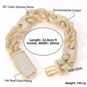 Detailed specs of 20mm gold Cuban link chain with 5A+ cubic zirconia and 14K plating