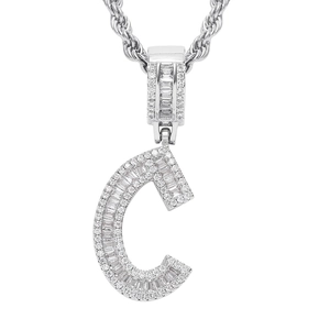 Detailed view of silver letter C pendant with baguette and round cut cubic zirconia