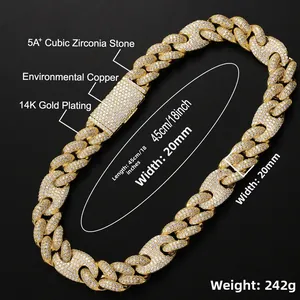 Macro shot of 20mm Cuban link chain with 5A cubic zirconia stones and rectangular clasp
