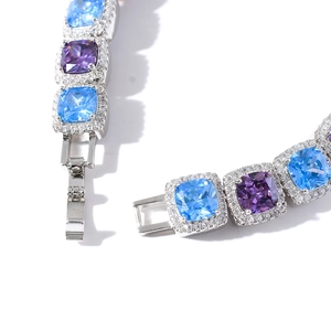 Macro view of 10mm hip hop chain with blue and purple cubic zirconia in silver finish