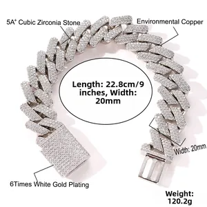 20mm silver plated Cuban chain with 5A zircons, length 22.8cm and 120g weight detail