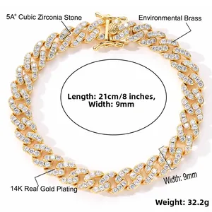 Détail montrant les dimensions du bracelet cubain 9mm, placage or 14K et zircone 5A+