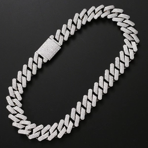 Close-up of 20MM silver Cuban link necklace with full zircon pavé and box clasp