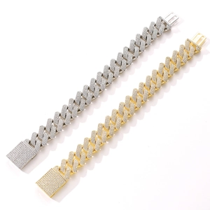 20mm solid iced out Cuban link bracelet with full zircon pavé in gold and silver plating