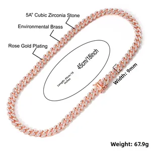Détail d'un collier chaîne cubaine 9mm en or rose avec zircons blancs et spécifications