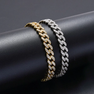 Bracelets gourmette cubains 9mm or et argent sertis de pierres de zircone cubique