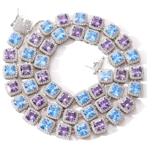 Collana Hip Hop da 10mm con zirconi quadrati blu e viola e chiusura ghiacciata di lusso