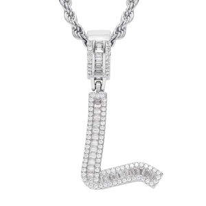 Close-up of iced out letter L pendant with baguette stones and a silver rope chain