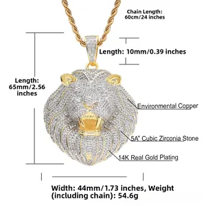 Spécifications détaillées du pendentif tête de lion hip-hop avec zircons 5A