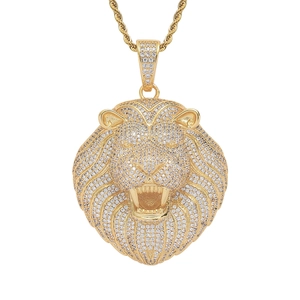 Collier avec pendentif tête de lion hip hop en or avec zircons micro-pavés