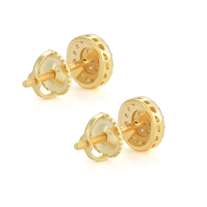 Detail of round gold S925 silver stud earrings with screw-back and clear zircon stones