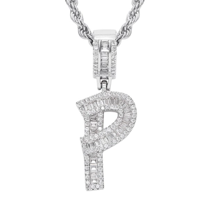 Macro shot of silver letter P pendant with baguette zircon inlay on a rope chain