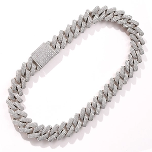 Close-up of a 20mm silver Cuban link chain with paved cubic zirconia and a box clasp