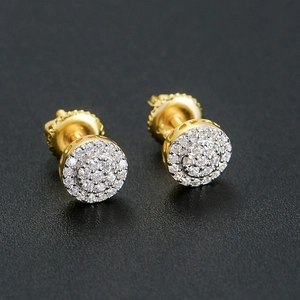 Men's S925 sterling silver hip hop stud earrings with gold plating and round cluster zircons