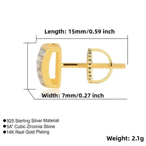 Macro side view of 925 silver D-shaped stud earring with 14K gold plating and 5A+ zircon