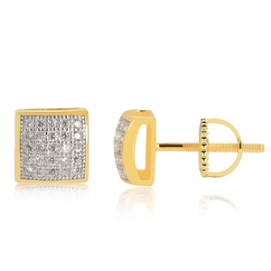 Mens square iced out stud earrings in gold with secure screw-back posts