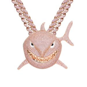 Hip-Hop Haifisch-Anhänger in Roségold mit rosa Zirkonia auf dicker kubanischer Kette