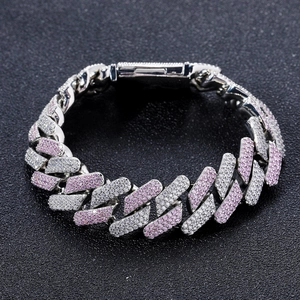 Detail view of 20mm Cuban link chain with pink and white cubic zirconia stones